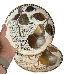 Set of 2 Restoration Hardware White Gold Holiday 8” Plates Noel